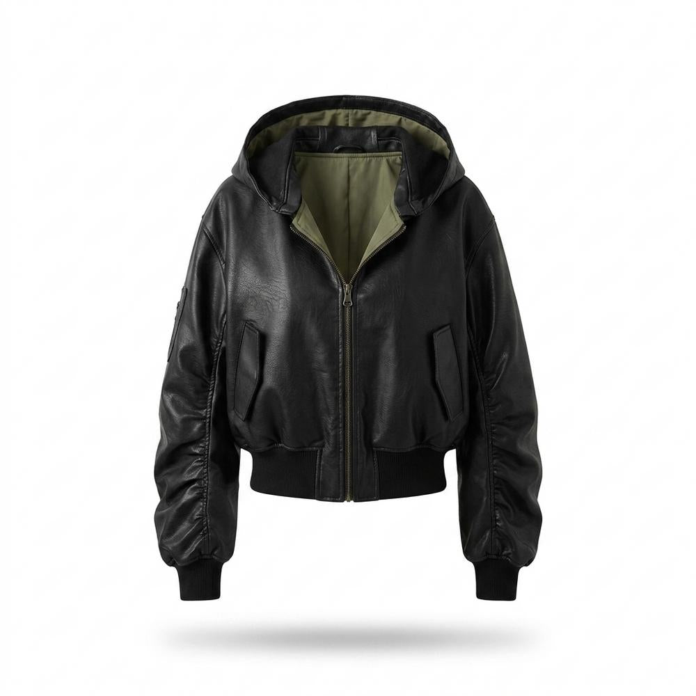 Gentleman Code - Supav | Kurzgeschnittene Gekapuzte Lederjacke Damen