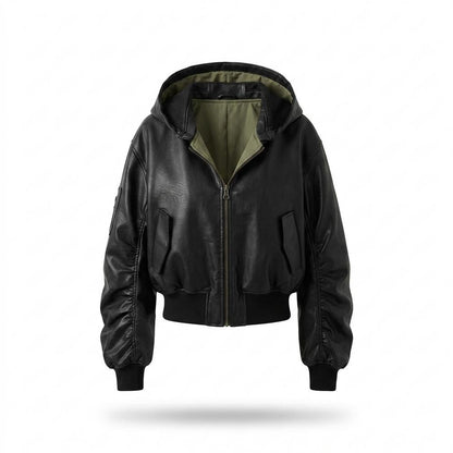 Gentleman Code - Supav | Kurzgeschnittene Gekapuzte Lederjacke Damen