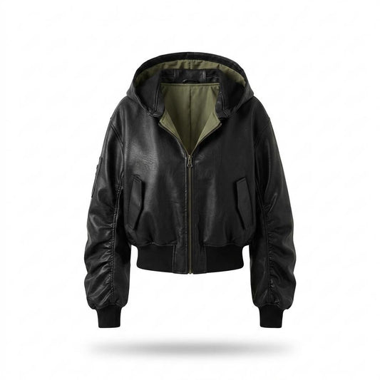 Gentleman Code - Supav | Kurzgeschnittene Gekapuzte Lederjacke Damen