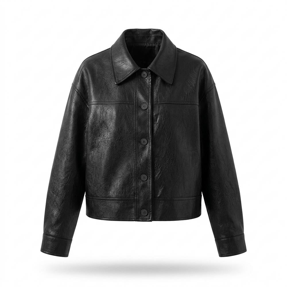 Gentleman Code - Lehis | Kurz Geschnittene Geknöpfte Lederjacke Damen